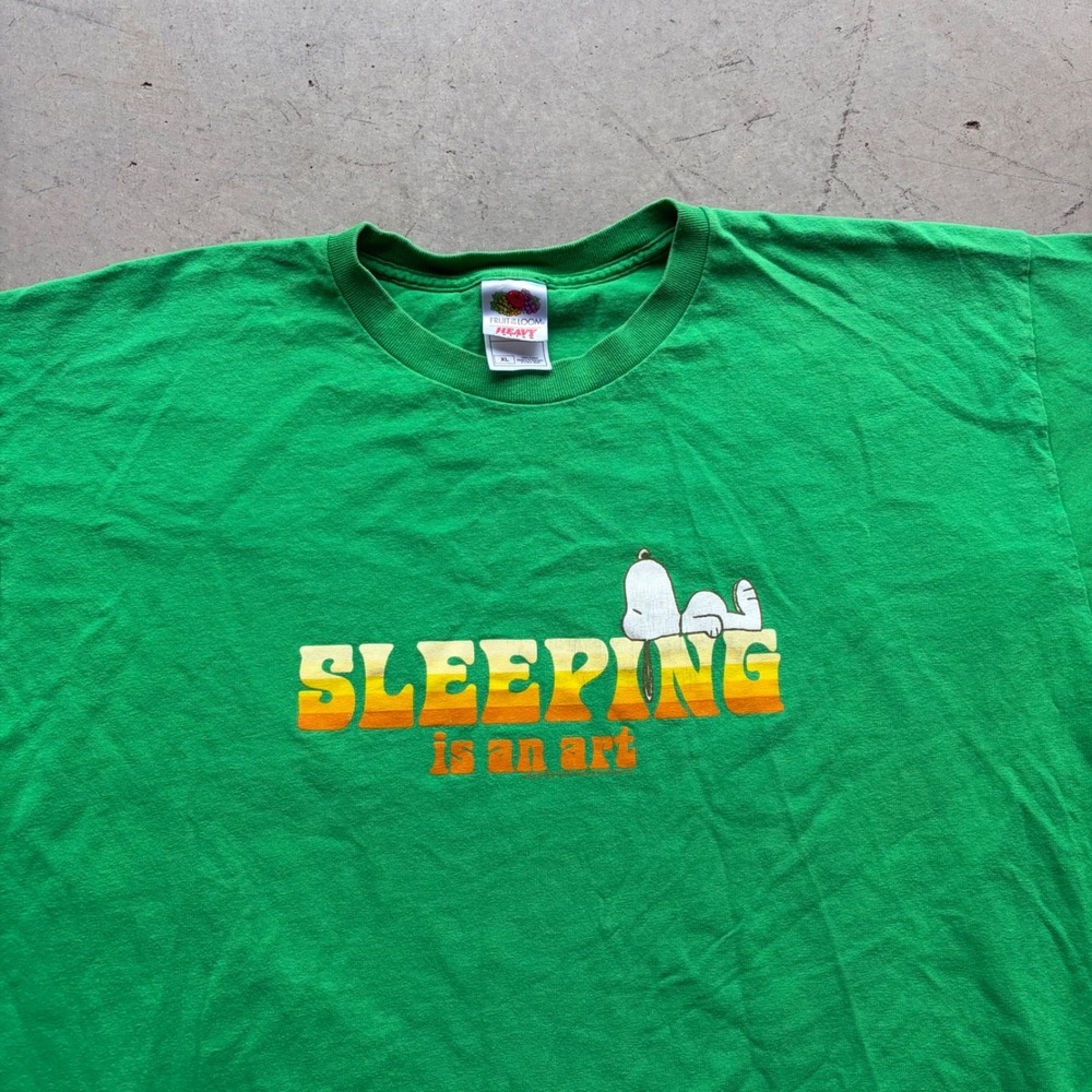 Vintage Fruit of the Loom Snoopy Sleeping is an Art T-Shirt Green XL Y2K Peanuts